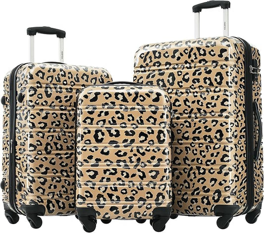 Merax Luggage Sets 3 Piece, Hardside Expandable Suitcase Set with Spinner Wheels, Lightweight Leopard Luggage 20+24+28 IN,Leopard Brown