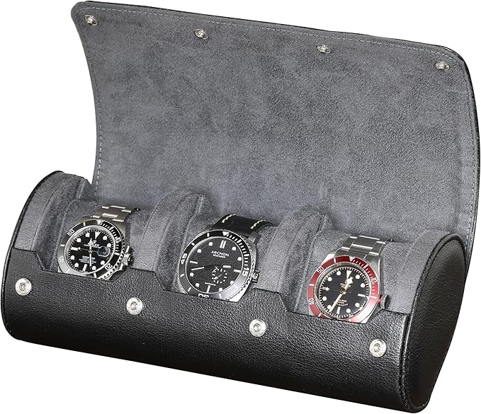 ROTHWELL Watch Roll Travel Case for 3 Watches | Tough Portable Protection, Fits All Wrist Watch & Smart Watches Up to 50mm (Black/Grey)