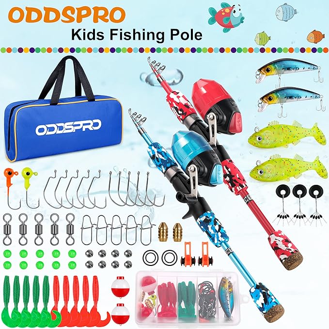 ODDSPRO Kids Fishing Pole Pink, Portable Telescopic Fishing Rod and Reel Combo Kit - with Spincast Fishing Reel Tackle Box for Girls, Youth