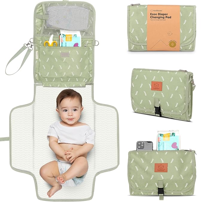 KeaBabies Portable Diaper Changing Pad - Large Waterproof Baby Changing Mat, Compact Travel Diaper Clutch, Functional Pockets Fit Newborn Essentials, Wipeable & Padded Baby Changer (Acacia)