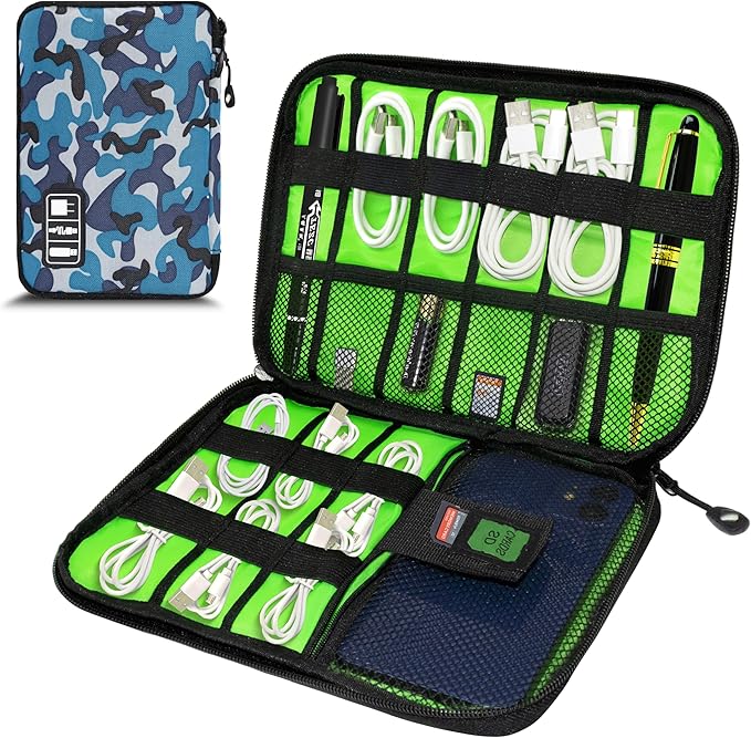 Electronics Organizer, Portable Cable Organizer Bags, Travel Electronic Accessories Storage Case for Cables, Cords, Charger, Phone (Camo Blue)
