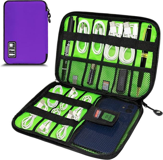 Electronics Organizer, Portable Cable Organizer Bags, Travel Electronic Accessories Storage Case for Cables, Cords, Charger, Phone (Purple)