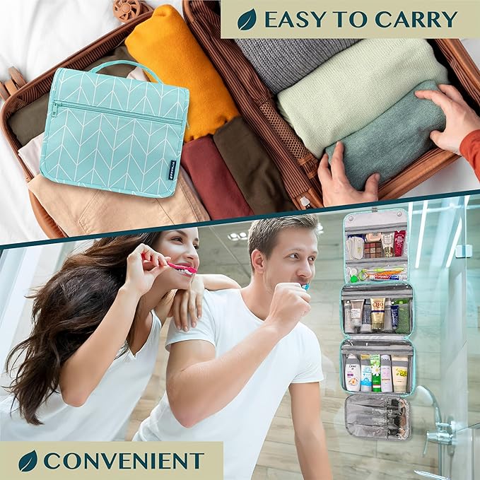 PAVILIA Hanging Toiletry Bag Women Men, Foldable Cosmetic Organizer Travel Bag, Water Resistant Makeup Bag Toiletries, Large Travel Essentials Kit (Teal Chevron)