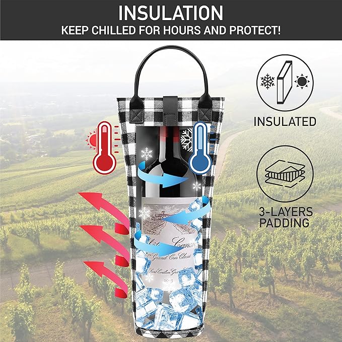 OPUX Wine Bag Single Bottle Carrier Tote, Insulated Travel Wine Cooler Bag for Picnic Beach Gift, Thermal Padded Portable One Bottle Holder Carrying Case for Women Men Wine Lovers, Plaid Buffalo White