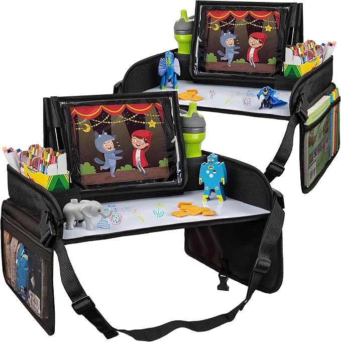 Lusso Gear Kids Travel Tray (Value 2-Pack) - Road Trip Essentials Organizer & Car Seat Tray with Tablet Stand - Toddler Lap Desk Organizer - Dry Erase Activity Surface
