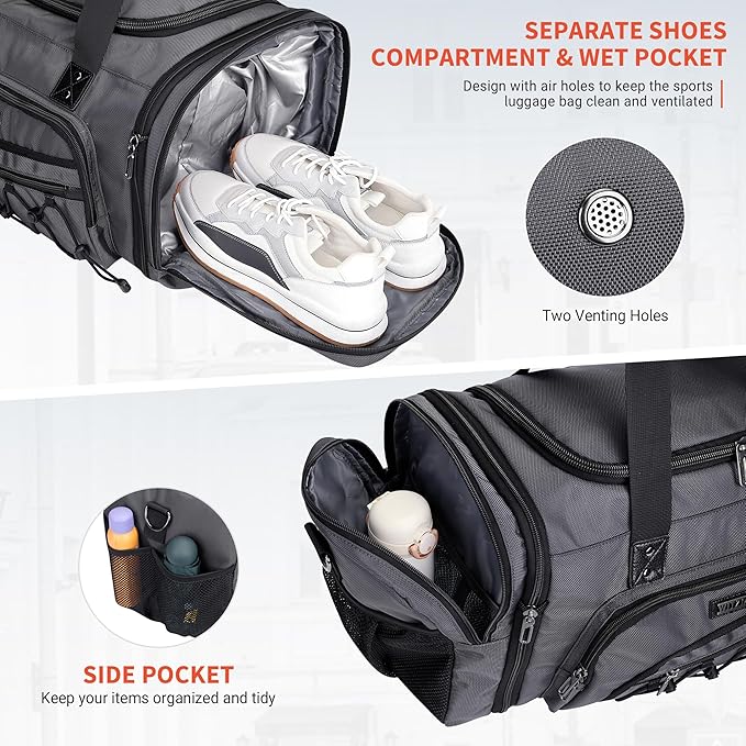 WITZMAN Duffle Bag for Men Nylon Large Gym Weekender Bag with Shoe Compartment Expandable Carry on Overnight Bag(B695 Silvery Grey)