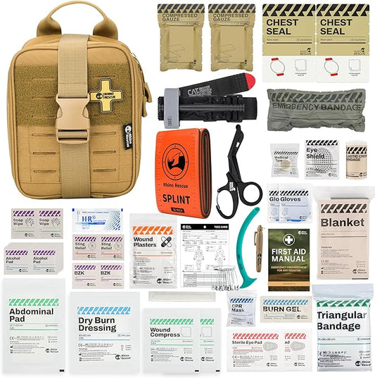 RHINO RESCUE IFAK Trauma Kit with C-A-T Tourniquet, Tactical First Aid Kit Molle Pouch for Military, Combat, Car, Camping, Hiking, Travel (Coyote Brown)