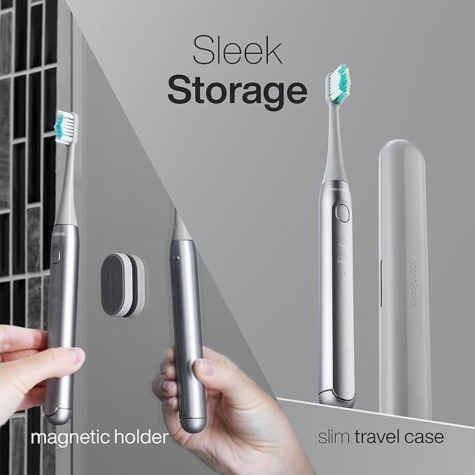 Aquasonic Icon ADA-Accepted Rechargeable Toothbrush | Magnetic Holder & Slim Travel Case | 2 Brushing Modes & Smart Timers | Gentle Micro-Vibrations (Stone)