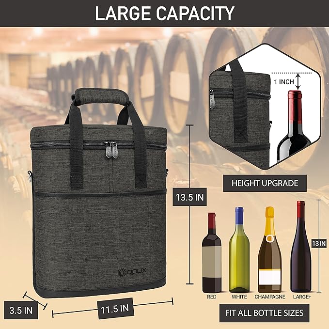 opux 3 Bottle Wine Carrier Tote, Insulated Leakproof Wine Cooler Bag, Wine Travel Bag for Picnic BYOB Beach, Portable Wine Bottle Carrying Case, Gift for Wine Lover Women Men Christmas, Charcoal Grey