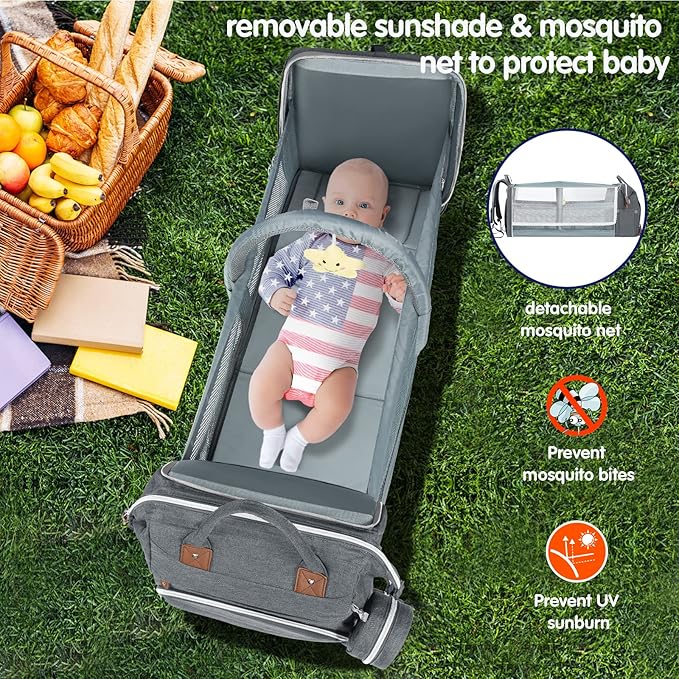 DERJUNSTAR Baby Diaper Bag Backpack with ChangingStation-Large Capacity Baby Bag for Boys & Girls, USBCharging Port, Pacifier Case, sunshade & Toy Bar,Waterproof， Pale Grey