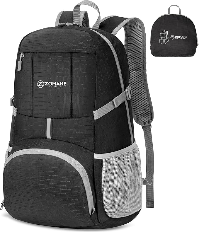 ZOMAKE Lightweight Packable Backpack 35L, Light Foldable Backpacks Water Resistant Collapsible Hiking Bag, Compact Folding Day Pack for Travel Camping(Graphite black)