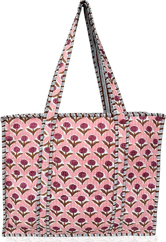 Cotton Quilted Tote Bag for Women – Large Beach & Travel Tote with Zipper, Reusable Grocery Bag