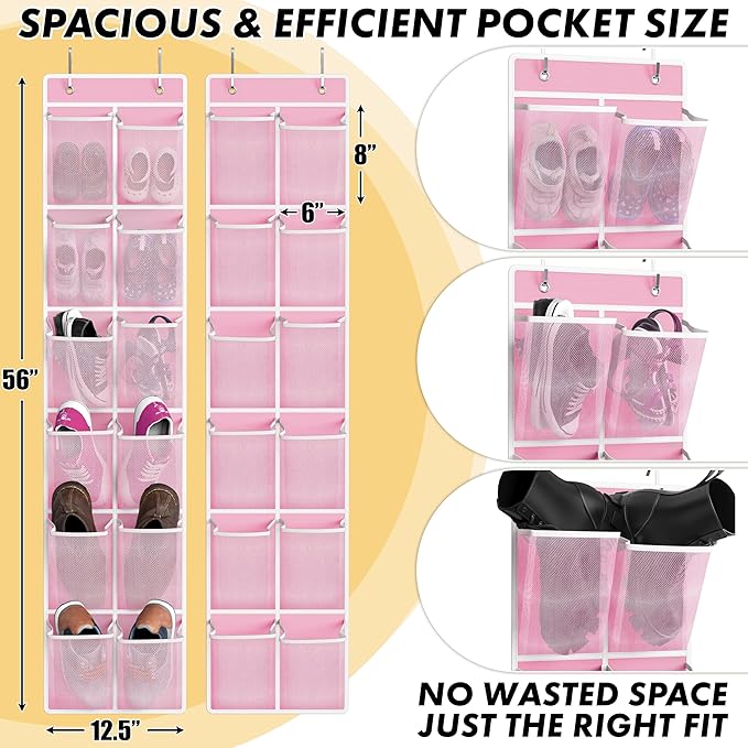 Simple Houseware 24 Pockets - 2PK 12 Large Pockets Over Door Hanging Shoe Organizer, Pink