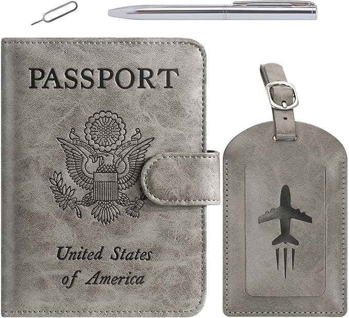 Passport Holder With Luggage Tag Cover Wallet RFID Blocking Leather Case Travel Essentials Accessories Travel Must Have(114#Grey)