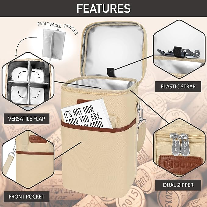 Opux 4 Bottle Insulated Wine Cooler Bag - Leakproof Padded Portable Wine Bottle Carrier for Travel Picnic BYOB Gift (Beige Cream)