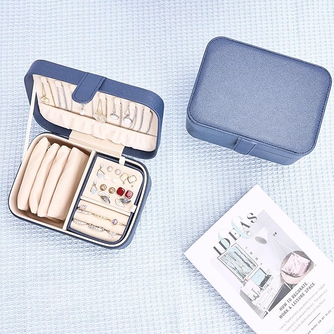 2 Layer Portable Jewelry Box, Large Jewelry Travel Case with 4 Velvet Jewelry Pouches, Medium Size Jewelry Organizer Box for Earrings, Necklaces, Bracelets (dark blue)