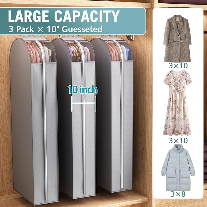 10" Gusseted Garment Bags for Hanging Clothes with clear window, 60" Suit Bags for Open Closet Storage, Clothing Cover for Coat, Dress, Jacket, Shirt, Fur Wardrobe Protector, 3 Packs
