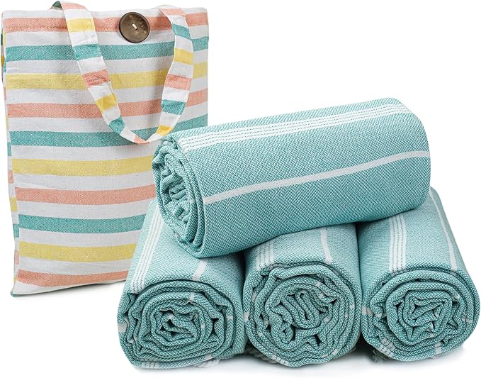 HILLFAIR Cotton Turkish Beach Towels, Quick Dry Lightweight Sand Free Peshtemal Towel for Bath Swim Yoga Spa Travel, Beach Accessories, Oversized Cotton Turkish Towels (39 x 72 inch- 4 Pack Aqua)
