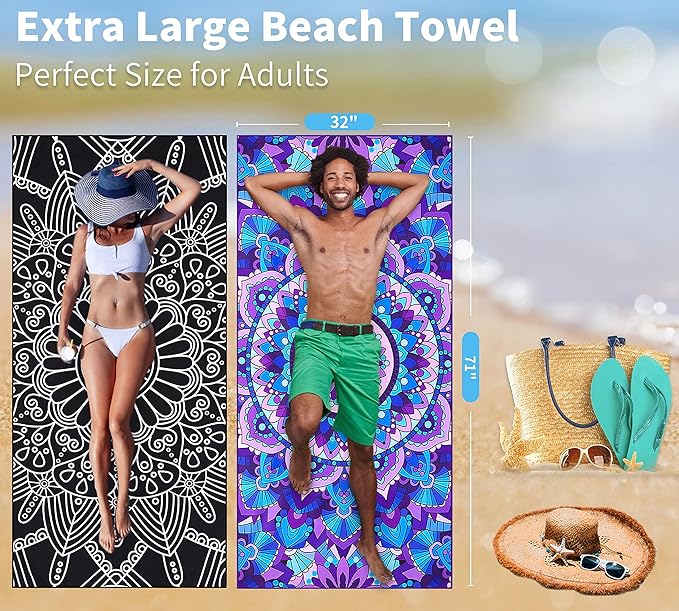6 Pack Lightweight Thin Beach Towel Oversized 71"x32" Big Extra Large Microfiber Sand Free Towels for Adult Quick Dry Travel Camping Beach Accessories Gift Sea Turtle Tie Dye Mandala Elephant Skull