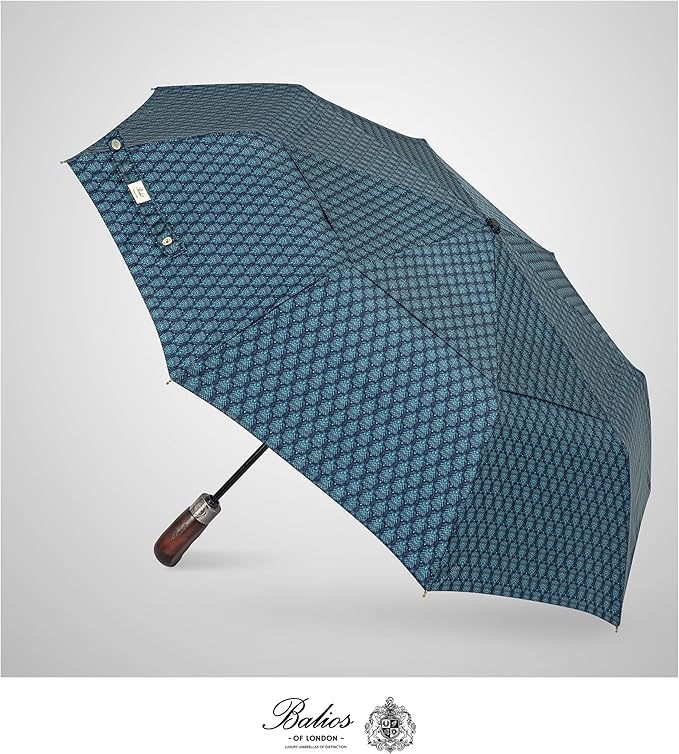 Balios Travel Folding Umbrella with Real Wood Handle Auto Open Close Vented Windproof Canopy - Designed in UK