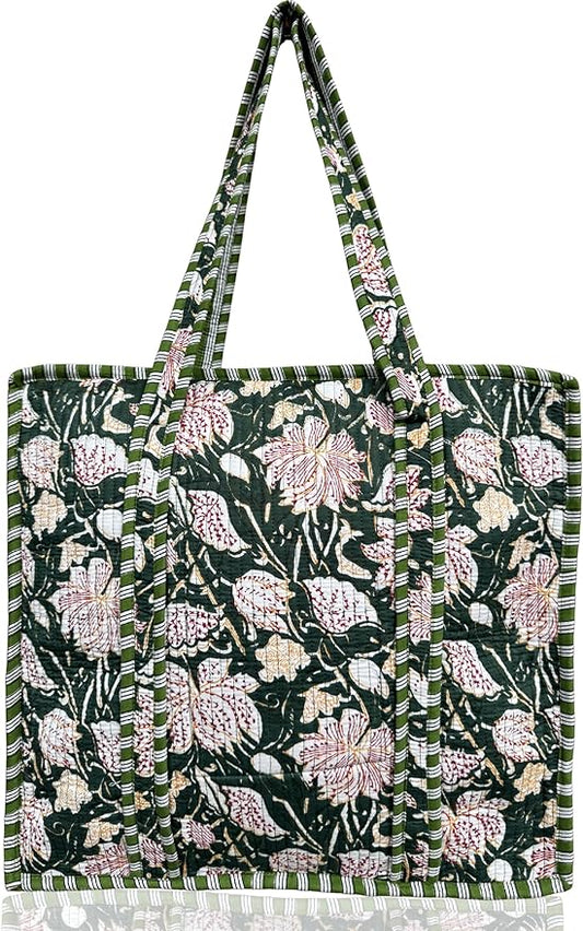 Cotton Quilted Tote Bag for Women – Large Beach & Travel Tote with Zipper, Reusable Grocery Bag