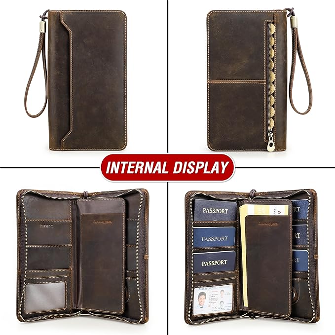 Top Grain Leather Travel Passport Wallet Organizer Case for Families, Handmade for 6 Passports & Multi Cards, RFID Blocking Large Capacity for Cards/Passports/Tickets/AirTag, Matte Coffee