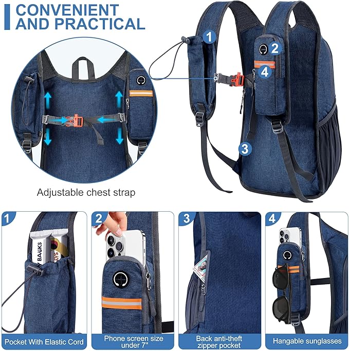 15L Small Hiking Backpack for Men Women Foldable Packable Back Pack Ultralight Hiking Daypack for Travel Camping Outdoor, Navy Blue