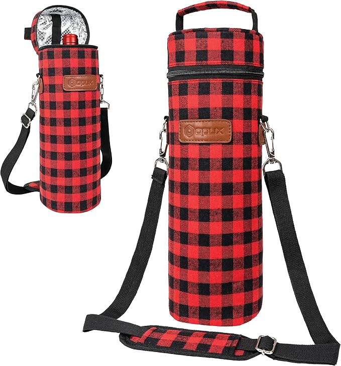 opux Wine Bag Single Bottle Carrier Tote, Insulated Wine Cooler Bag for Travel Picnic Beach with Shoulder Strap, Thermal One Bottle Holder Carrying Case Wine Gift for Women Men, Plaid Buffalo Red