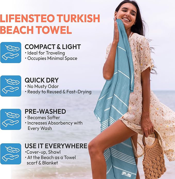 Turkish Beach Towel - 40x71 inch Oversized Sand Resistant Prewashed Turkish Towel - 100% Turkish Cotton Quick Drying, Compact, Lightweight Turkish Towel for Beach, Bath, Pool, Gym, Yoga