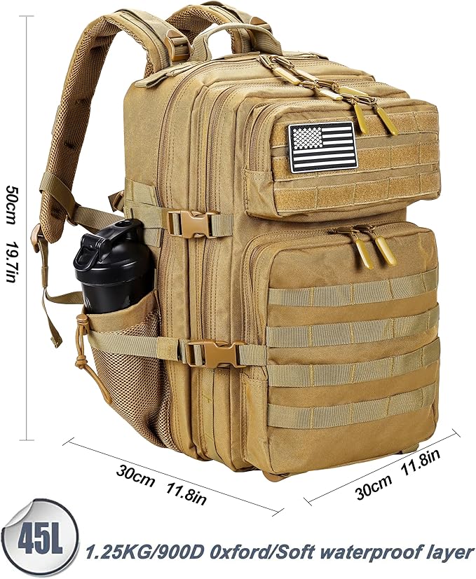 LHI Military Tactical Backpack for Men and Women 45L Army 3 Days Assault Pack Bag Large Rucksack with Molle System - Khaki