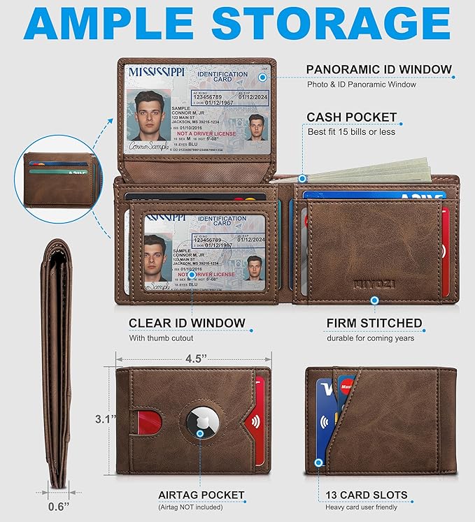 Airtag Wallet for Men,with Cash Pocket 2 ID Window 13 Cards,Slim Leather Wallet Front Pocket Card Holder RFID Blocking with Gift Box