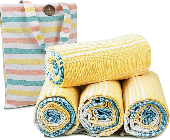 HILLFAIR Cotton Turkish Beach Towels, Quick Dry Lightweight Sand Free Peshtemal Towel for Bath Swim Yoga Travel, Beach Accessories, Oversized Cotton Turkish Towels (39 x 72 inch- 4 Pack Yellow Blue)