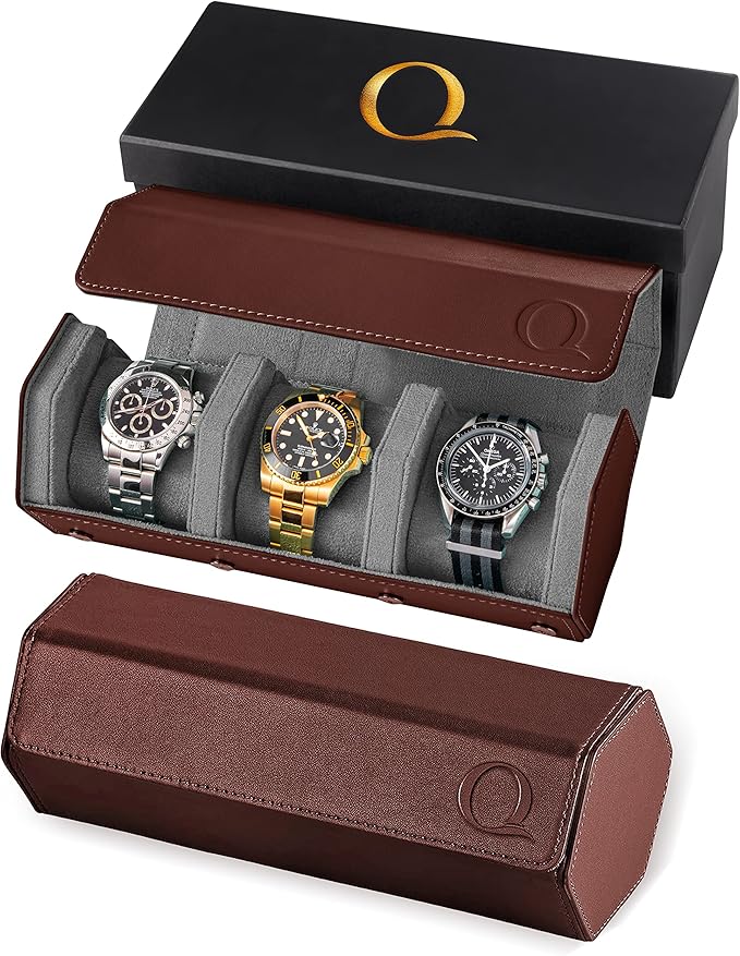 Napa Leather Watch Rolls for Men - Hexagon Triple Watch Roll Travel Case for 3 Watches - Storage Organizer Genuine Leather with Velvet Interior Display (Brown/Gray)