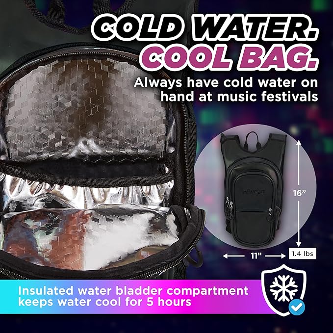 Rave Hydration Backpack – Anti-Theft Festival Hydration Pack with 1.5L Leakproof TPU Bladder – Slim, Insulated Water Pack with Secret Pockets & Breathable Back – for Raves, Music Festivals, EDC