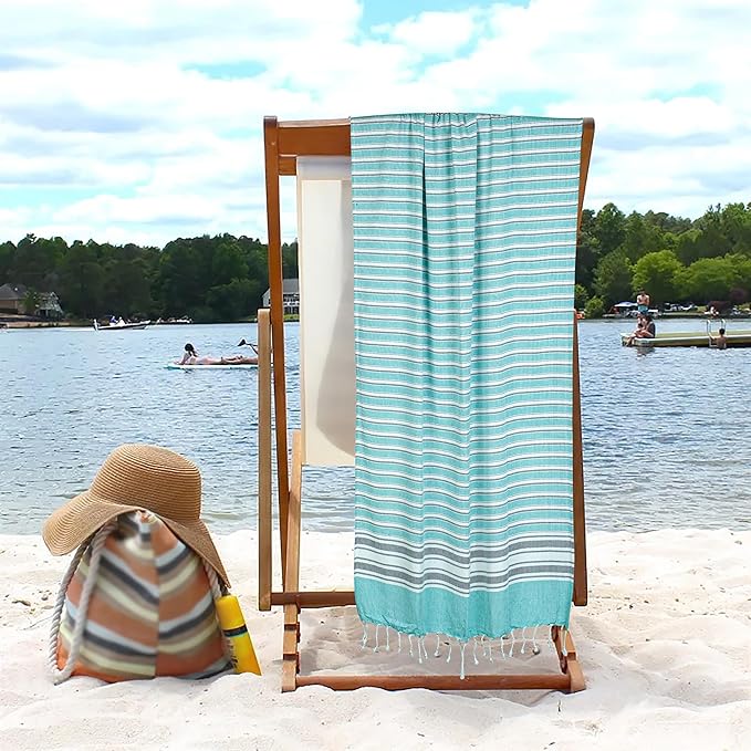 HILLFAIR Cotton Turkish Beach Towels, Quick Dry Lightweight Sand Free Peshtemal Towel for Bath Swim Yoga Pool Travel, Beach Accessories, Oversized Cotton Turkish Towel (39 x 72 inch- 4 Pack Aqua Grey)
