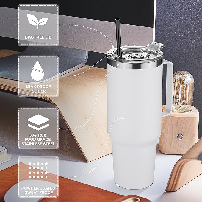 HASLE OUTFITTERS 40 oz Stainless Steel Tumbler with Handle, Vacuum Insulated Tumblers Bulk, Reusable Double Wall Travel Coffee Mug, Durable Powder Coated Water Bottles(White, 4)