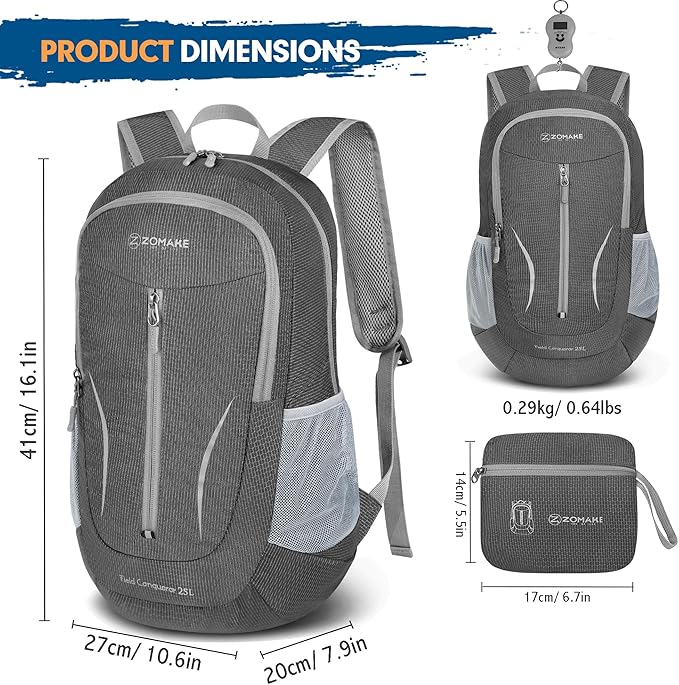 ZOMAKE Ultra Lightweight Packable Backpack 25L, Foldable Hiking Backpacks Water Resistant Small Folding Daypack for Travel(Dusty grey)