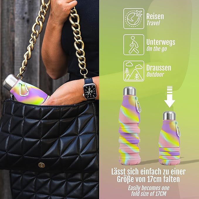 Foldable Drinking Bottle - BPA-free, leak-proof - Ideal festival accessory and practical outdoor companion with carabiner (Colorful)