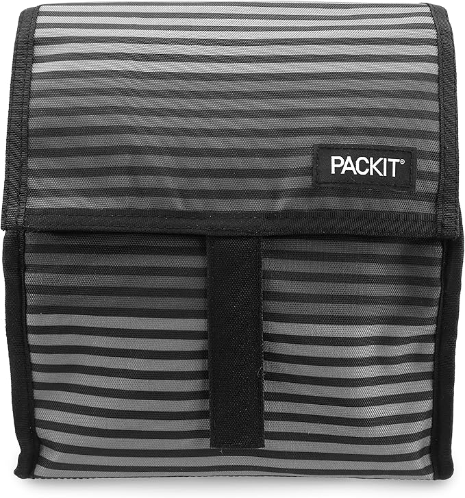 PackIt Freezable Lunch Bag, Gray Stripes, Built with EcoFreeze Technology, Foldable, Reusable, Zip and Fold Closure with Buckle Handle, Perfect for School and Office Lunches