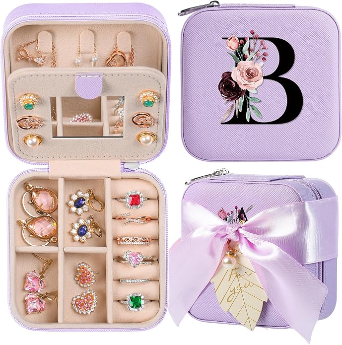 AYGXU Travel Jewelry Box for Women and Girls - Small Case With Initial A-Z - Teacher Gifts