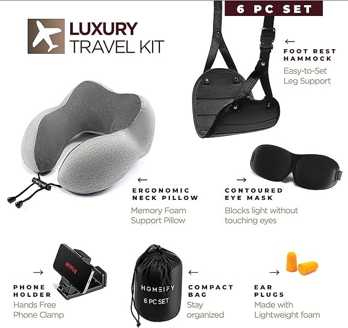 Airplane Neck Pillow Includes Travel Pillow + Airplane Phone Holder Mount + Eye Masks + Foot Hammock + Earplugs for Travel, 100% Pure Memory Foam Travel Pillow, 5 Pc Travel Kit, 2 Pack