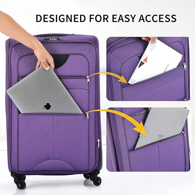 Merax Softside Luggage Set Softshell Lightweight 3 Piece Spinner Suitcase 22" 26" 30" Purple