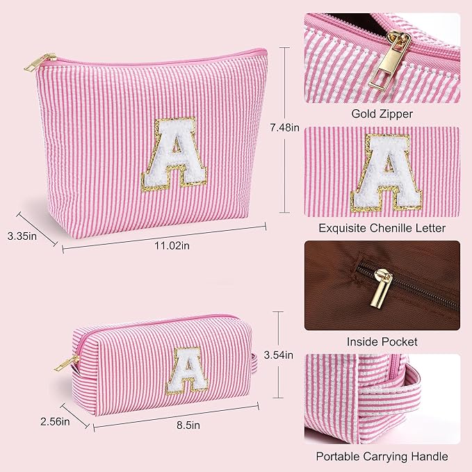 YOOLIFE Personalized Initial Makeup Bag for Women | Pink Cosmetic Travel Toiletry Bag | 11 12 13 14 15 16 Years Old Girl Gifts | Preppy Stuff Teen Girl Gift Trendy Stuff A