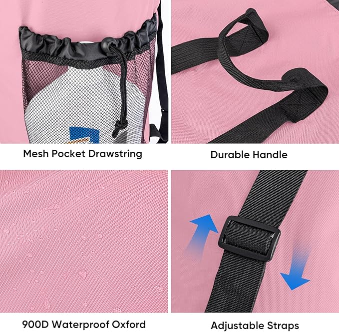 BALEINE 150L Laundry Bag Backpack, 900D Oxford Fabric Large Travel Laundry Bags with Shoulder Straps and 2 Mesh Pockets for College Dorm, Apartment, Laundromat (Pink, 150L)