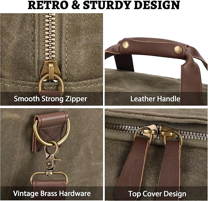 50L Duffle Bag for Men, Nomad Waxed Canvas Travel Duffel Bag Vintage Genuine Leather Travel Handbag Upgraded Weekender Overnight Backpack with Shoes Compartment (Vintage Grey)