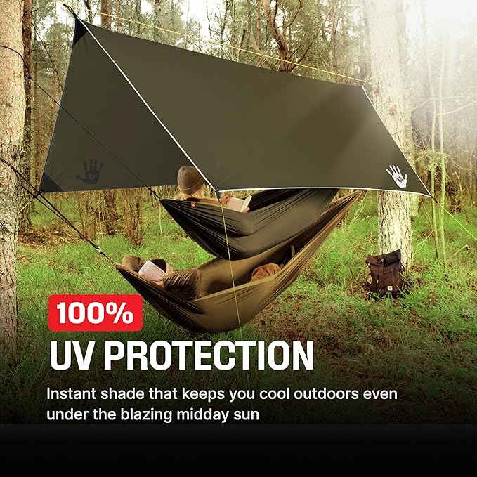 Rain Fly 12x10 Lightweight Survival Camping Tarp; 100% Waterproof; Makes a Great Backpacking Tarp or Hammock Shelter; Comes in Multiple Colors, Survival Bracelet Included; OD-Green