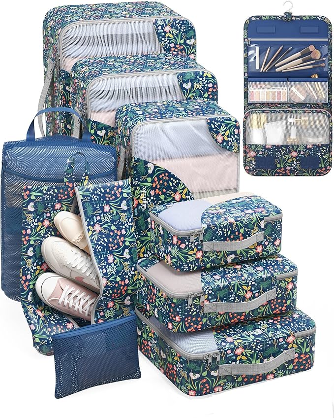 ALL INCLUDED 10 Set Durable Packing Cubes for Suitcases,OlarHike Essentials for Travel,UPGRADED Anti-Tear Stitching, NEW Improved Luggage Packing Organizers for Travel Accessories (Dark Blue Floral)