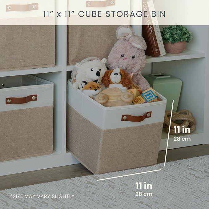 OrganiHaus 11x11 Fabric Cubes Storage Bins Set of 4, Foldable Collapsible Fabric Storage Bins for Organizer, Cubbies Organizer for Kallax, Linen Cube Shelf Baskets, Toy Organizing boxes - Beige/White