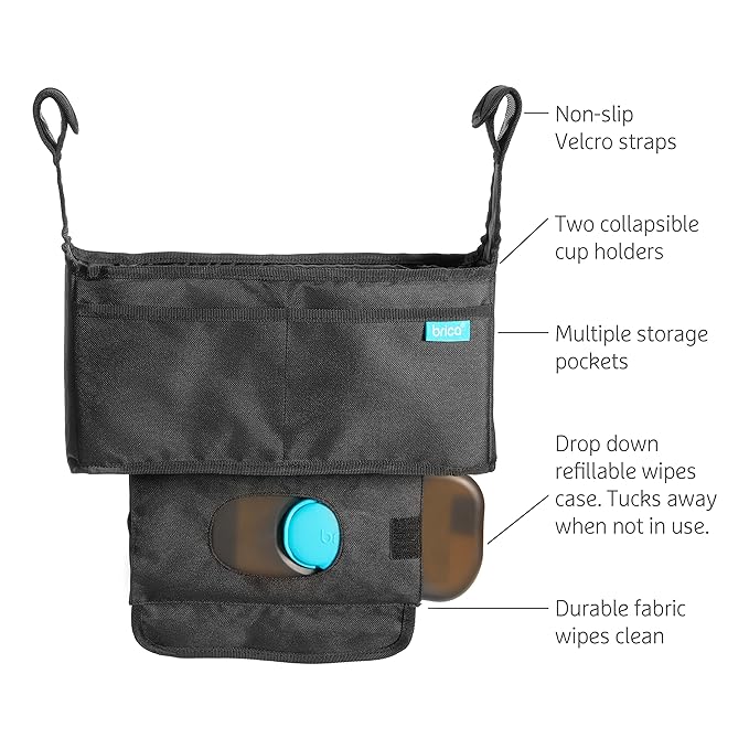 Munchkin® Brica® Stroller Organizer Bag - Universal Fit with Cup Holders and Wipes Case, Fits UPPAbaby, Evenflo, BabyTrend and more, Black