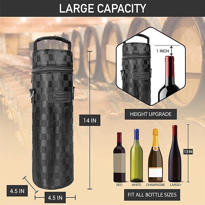 opux Wine Bag Single Bottle Carrier Tote, Insulated Wine Cooler Bag for Travel Picnic Beach with Shoulder Strap, Thermal One Bottle Holder Carrying Case Wine Gift for Women Men, Black Squares